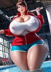 ai_generated asahina_aoi ass_bigger_than_head big_ass big_breasts breasts_bigger_than_head cleavage curvaceous curvy curvy_figure danganronpa female hourglass_figure huge_areolae huge_ass huge_breasts huge_thighs human hyper_ass hyper_breasts large_breasts larger_female looking_at_viewer low-angle_view mini_giantess nipple_bulge nipples_visible_through_clothing octo_iruma open_jacket pool shorts size_difference tall tall_female thick_thighs venus_body voluptuous water wide_hips