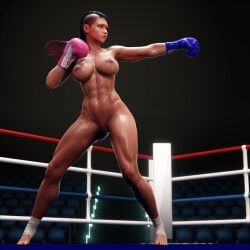 1girls 3d abs areola_slip ass_visible_through_thighs athletic_female big_breasts boxing_gloves boxing_ring breasts casual dark_skin exposed_torso female fit fit_female footwear footwraps groin handwear handwear_and_footwear_only human indoors large_breasts light-skinned_female light_skin long_hair multicolored_hair naked naked_female nude nudist oiled oiled_skin punching shaved_side shiny shiny_skin skyarsenic sportswear standing tape taped_feet taped_nipples taped_pussy toes wide_stance