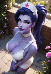 1girls ai_generated amelie_lacroix big_breasts breast female long_hair nurse nurse_dress overwatch overwatch_2 oxtonai purple_hair purple_skin widowmaker