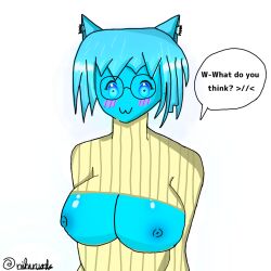 blush breasts_out cat_ears catgirl cryo_(cube_combination) cyan_body cyan_hair elemental embarrassed embarrassed_nude_exposure flashing large_breasts lifting_shirt nihuruarts public_nudity roblox shirt_lift shirt_up tits_out