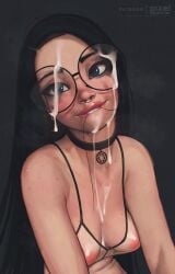 black_hair breasts_visible_through_clothing choker cum cum_in_mouth cum_on_face female female_focus female_human female_only glasses goth goth_girl human human_female nose_piercing only_female piercing pixelsketcher solo_female transparent_clothing