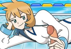 2018 artist_signature erection faceless_male green_eyes gym_leader handjob human human_only jacket kasumi_(pokemon) laying_on_side long_sleeves looking_at_penis loose_sleeves messy_hair misty_(pokemon) misty_(pokemon_hgss) nintendo one-piece_swimsuit orange_hair penis pokemon pokemon_hgss pool_float popped_collar ragnar_oktopod smirk source_request swimming_pool tile_floor touching_penis white_jacket white_swimsuit