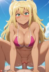 1boy 1girls ai_generated airiakane athletic_female bare_thighs beach big_penis bikini blonde_hair blush cowgirl_position dark-skinned_female dark_skin dumbbell_nan_kilo_moteru? gigantic_breasts green_eyes huge_breasts huge_cock huge_thighs interracial light-skinned_male light_skin looking_down massive_breasts muscular_male nai_diffusion nude nude_male penis pussy_juice_drip sakura_hibiki sex smiling squatting squirting sweat sweatdrop thick_body thick_female thick_thighs thighhighs thighs twintails vaginal_penetration veiny_penis voluptuous voluptuous_female