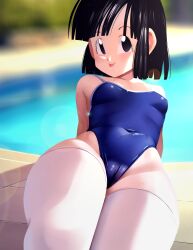 1girl 1girls aged_up bathing_suit big_eyes black_hair blue_swimsuit blue_swimwear bob_cut divine_wine dragon_ball dragon_ball_gt hi_res high_resolution highres one_piece_swimsuit pan_(dragon_ball) petite petite_body petite_female pool poolside short_hair small_breasts swimming_pool swimsuit swimwear thick_thighs thighhighs thighs tongue tongue_out vampiranhya_(artist)