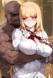 1boy 1girls ai_generated big_breasts blonde_hair blue_eyes blush clothed clothing color dark-skinned_male dark_skin emilie_de_rochefort female grabbing_breasts hand_on_breast hi_res interracial large_breasts light-skinned_female light_skin long_hair male male/female muscles muscular muscular_male nakatori netorare ntr tagme tekken thick_thighs