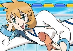 2018 artist_signature background breasts clothed clothed_female colored_background detailed_background erection exhibitionism exhibitionist exposed exposing exposure eyes faceless_male green_eyes gym_leader hips human human_only jacket kasumi_(pokemon) laying_on_side long_sleeves looking_away loose_sleeves messy_hair misty_(pokemon) misty_(pokemon_hgss) mouth nintendo one-piece_swimsuit open_clothes open_mouth orange_hair penis pokemon pokemon_hgss pool_float popped_collar public public_exposure public_nudity ragnar_oktopod showing showing_off small_breasts smile source_request surprised swimming_pool teasing tile_floor touching_penis uncensored video_games white_jacket white_swimsuit