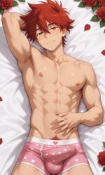 1boy abs ai_generated amber_eyes armpits arms_behind_back blush boxer_briefs bsky_link bulge dvxxxgrai gay illustrious_(stable_diffusion) leaves lying lying_on_back male male_only male_underwear navel nipples nude nude_male red_eyes red_male_underwear red_underwear reki_kyan rose_(flower) sk8_the_infinity smile solo tagme toned toned_body toned_male twitter_link underwear valentine's_day yaoi