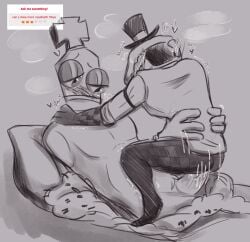 2boys anal animate_inanimate big_penis blush caine_(the_amazing_digital_circus) cowgirl_position disembodied_hand half-closed_eyes half-dressed kinger_(the_amazing_digital_circus) male male/male male_only object_head riding size_difference strawpage_request succulentgeckos the_amazing_digital_circus tophat visible_breath yaoi