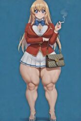 ai_generated blonde_hair cigarette classroom_of_the_elite grok gucci heels ichinose_honami_(cote) long_hair pale_skin school_uniform smoking_cigarette standing thick_thighs younger_female