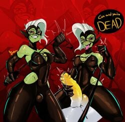 2026 absurd_res alien alien_humanoid armwear bodily_fluids bodysuit breasts cleavage clothed clothing disney dominant dominant_female duo elbow_gloves erection faceless_character faceless_male female female_focus freckles genital_fluids genitals gloves green_body green_skin grin gynomorph hair handwear hi_res humanoid humanoid_pointy_ears intersex leash lord_dominator male mask nipple_piercing nipples noseless not_furry open_mouth orgasm_control orgasm_denial penis penis_grab piercing pointy_ears precum signature skinsuit smile solo_focus sweat teeth tight_clothing tongue tongue_out tongue_piercing toospookzy wander_over_yonder whip white_hair
