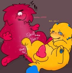 andromorph anthro bodily_fluids clitoral clitoral_rubbing duo genital_fluids genital_swap genitals gynomorph husband_and_wife intersex married_couple multicolored_body nakeilyar sex text vaginal_fluids vulva