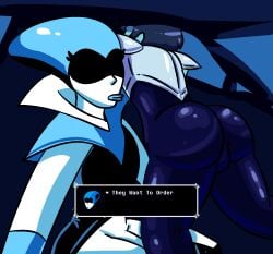 2022 ass ass_focus car clothed clothing deltarune deltarune_chapter_2 dialogue dwonksa english_text he_wants_to_order human kris_(deltarune) meme queen_(deltarune) reference_image robot robot_girl she_wants_to_order text trend undertale_(series)
