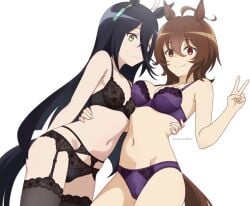 agnes_tachyon_(umamusume) bangs black_hair breast_to_breast brown_hair garter_belt garter_straps hair_between_eyes horse_ears horse_tail hugging lacy_bra lacy_panties lingerie long_hair manhattan_cafe_(umamusume) petite_female small_breasts stockings umamusume umamusume_pretty_derby umeiart