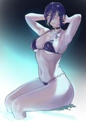 2d 2d_(artwork) armpit_fetish armpits arms_up bikini_top black_hair black_panties blue_eyes chainsaw_man florida_bikini large_ass large_breasts miaojiangyou pool poolside reze_(chainsaw_man) water water_drop wet wide_hips