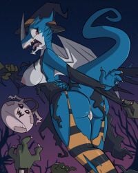 2018 anthro anus areola armwear ass back_wings bandai_namco big_breasts biped black_armwear black_clothing black_dress black_elbow_gloves black_gloves black_handwear black_hat black_headwear blue_body blue_scales breasts cheek_spikes claws clothing costume countershade_face countershade_scales countershade_torso countershading digimon digimon_(species) disembodied_hand dress elbow_gloves exveemon facial_horn facial_spikes female fuf garter_straps genitals gloves halloween halloween_costume handwear hat headgear headwear hi_res holidays horn humanoid_genitalia humanoid_vulva legwear looking_back membrane_(anatomy) membranous_wings mostly_nude multicolored_body multicolored_scales night nipples nose_horn outside pattern_clothing pattern_legwear pattern_stockings plant rear_view scales scared solo spikes spikes_(anatomy) standing stockings striped_clothing striped_legwear striped_stockings stripes torn_clothing tree two_tone_body two_tone_scales vulva white_body white_countershading white_scales wings witch_costume witch_hat
