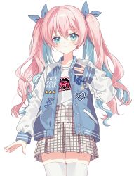 adorable blue_eyes cute cyan_hair hair_ribbon jacket kneesocks long_hair multicolored_hair muv-luv_girls_garden pink_hair ptyzr777 ribbon shirt sienna_clark skirt socks straight_hair tied_hair twintails two-tone_hair wavy_hair wholesome