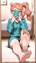 1girls ai_generated barefoot clothed clothed_female clothing creatures_(company) feet female female_only foot_fetish foot_focus game_freak green_eyes light-skinned_female light_skin nintendo pokemon pokemon_ss pokemon_swsh presenting_feet red_hair self_upload soles solo solo_female sonia_(pokemon) toes selfie mirror_selfie nail_polish
