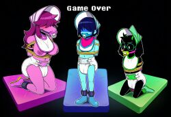 ai_assisted ai_generated blush bondage bonnet boots dark_background deltarune diaper game_over glasses kneeling kris_(deltarune) pacifier_gag ralsei ralsei_with_black_fur standing susie_(deltarune) trio trio_focus