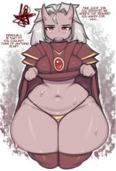angry big_forehead blush calamitas calamity_mod child_bearing_hips defeated embarrassed golden_thong grey_body horns kneeling lifting_robe onaeane pear-shaped_figure red_eyes robe sweat terraria text thick_thighs thighhighs thong white_hair