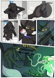 absurd_res almond_(lavasaurous) anthro balls bathing bathroom bathtub big_ears big_eye big_penis black_body black_fur black_hair brush brushing brushing_teeth buckteeth comic comic_panel dialogue dinosaur domestic_cat dromaeosaurid duo erection felid feline felis fluffy fur fur_markings furred_scalie furry_tail fusion genitals glowing glowing_eyes goo_creature green_body green_fur green_hair hair heterochromia hi_res horn hybrid lagomorph lavasaurous lazarus_(lavasaurous) leporid long_ears male mammal markings masturbation mirror multi_tongue nude penis personal_grooming prehistoric_species rabbit reptile saurischian scalie scared sharp_teeth showering simon_(lavasaurous) sink slime spots spotted_body spotted_fur steam superpowers symbiote tail teeth tentacle theropod toilet tongue unhinged_jaw water