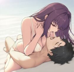 1boy 1girls ass_grab beach bikini black_hair breasts cleavage closed_eyes couple cowgirl_position fate/grand_order fate_(series) female female_on_top french_kiss fujimaru_ritsuka_(male) highres human human_female human_male implied_penetration implied_sex kiss_focus kissing kissing_while_penetrated large_breasts light-skinned_female long_hair looking_pleasured lying on_back outdoors purple_hair red_eyes rioliogiz saliva scathach_(fate) sex short_hair spitting spitting_in_another's_mouth spitting_on_another straddling straight swimsuit type-moon white_bikini