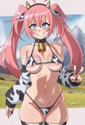 ai_generated blush choker_collar cow_bikini female female_only micro_bikini milim_nava nipples_visible_through_clothing peace_sign petite_body petite_female plainvirgo shortstack small_breasts tensei_shitara_slime_datta_ken thick thick_ass thick_hips thick_legs thick_thighs