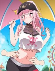 ai_generated amusement_park belly cap disembodied_hands exposed_belly exposed_stomach ferris_wheel hololive hololive_english hololive_myth mori_calliope pink_hair pink_hair_female ponytail_(hair) sexy_belly sole_female stomach surprised surprised_expression tickle tickled tickling tickling_belly virtual_youtuber vtuber