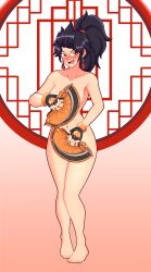 1girls anran barefoot black_hair blush breasts covering covering_breasts covering_crotch covering_self earrings embarrassed embarrassed_nude_female enf fan feet female female_only fingerless_gloves gloves gloves_only light-skinned_female light_skin naked navel nude nude_female orangemint_4444 overwatch simple_background solo solo_female uc-four
