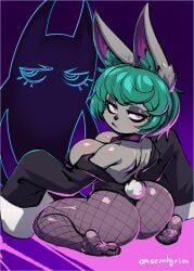 1girls ass big_breasts bunny_ears bunny_girl bunny_tail bunnysuit ear_tuft easter female female_only fishnet_pantyhose green_hair grey_skin hi_res lagomorph league_of_legends light_blush looking_at_viewer looking_back looking_back_at_viewer narrowed_eyes pantyhose pointy_ears purple_eyes rabbit_ears rabbit_girl rear_view riot_games round_ass sem-l-grim shadow_(lol) shortstack sitting solo thick_ass unamused vex_(league_of_legends) wide_sleeves yordle