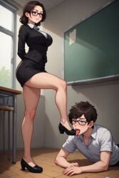 ai_generated shoe_fetish shoe_lick shoe_licking femdom teacher_and_student teacher student schoolboy 1boy 1woman straight licking milf female_teacher classroom school