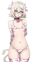 1girls animal_ears blonde_hair blue_eyes blush breasts collar cow_ears cow_girl cow_horns cow_print cow_print_bikini cow_print_gloves cow_tail cowbell cowbell_collar dayyo_(daydarion/day-chan) embarrassed female female_only fuwamoco gloves hololive hololive_english hololive_english_-advent- horns light-skinned_female light_skin mococo_abyssgard shy simple_background small_breasts solo tail timid virtual_youtuber white_background