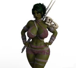 1girls 3d amazon between_breasts big_breasts bikini_armor bikini_skirt black_hair black_lips black_lipstick breasts choker cleavage clothed curvy female female_only green_hair green_skin hands_on_hips large_breasts microskirt mini_skirt miniskirt nails navel orc orc_female pencil_skirt red_eyes short_skirt shoulder_pad skimpy skimpy_clothes skirt solo solo_female spear thick_thighs thigh_strap thighlet unconvincing_armor vambraces wide_hips