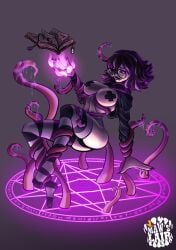 1girls 2d 2d_(artwork) bdsm big_breasts black_lipstick blair_(mawslair) bondage book curvy curvy_figure glasses goth goth_girl hoodie large_breasts legwear lipstick magic maws_lair nerd pasties piercings restrained ritual self_upload shirt shirt_up striped_legwear tentacle tentacles thighhighs toned toned_female witch