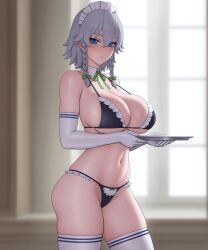 1girl artist_request at background bare bikini black blue blurry blush bow braid braids breasts cleavage closed collar detached elbow eyes frilled frills gloves grey hair headdress holding indoors izayoi_sakuya large looking maid mouth navel sakuya_izayoi short shoulders side solo stomach swimsuit thighhighs thighs touhou tray twin unconventional viewer white