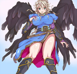 big_breasts blonde_hair blush breasts breath_of_fire clothing dress green_eyes large_breasts looking_at_viewer nina_(breath_of_fire_ii) sweat thighs wings