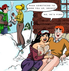 archie_andrews archie_comics betty_and_veronica betty_cooper breasts cum cum_on_breasts erection exhibitionism handjob jughead_jones large_breasts pants_removed penis public veronica_lodge