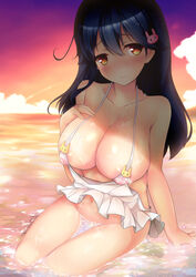 alternate_costume apron arm_at_side black_hair blush bottomless breasts brown_eyes bunny_hair_ornament chiyami closed_mouth cloud collarbone commentary_request covered_nipples dress evening female full-face_blush hair_between_eyes hair_ornament hand_on_own_chest head_tilt highres horizon kantai_collection large_breasts long_hair looking_at_viewer naked_apron navel nipples no_panties ocean orange_sky partially_submerged see-through shiny shiny_skin sitting sky sleeveless sleeveless_dress smile solo stomach sunset ushio_(kantai_collection) wakamezake water wet wet_clothes wet_dress white_dress yokozuwari