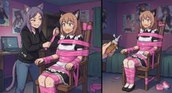 2girls ai_generated bondage brown_hair cat_ears cat_tail catgirl female_domination gag gagged glued_mouth green_eyes permanent purple_hair tied_to_chair