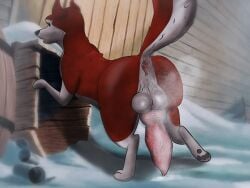 anatomically_correct animal_genitalia animal_penis anus ass balls balto_(series) big_balls big_butt big_penis blurred_background bodily_fluids brown_eyes canid canine canine_genitalia canine_penis cum cum_on_ground dialogue feral fur genital_fluids genitals hi_res jenna_(balto) looking_back male mammal penis realistic_feral red_body red_fur rule_63 solo talking_to_another udbebu universal_studios white_body white_fur