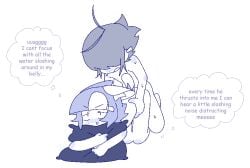 1girl1boy annoyed boyfriend cat_ears cat_tail catgirl english_text evilfappy evilfrap frapposting from_behind holding_waist hugging_object hugging_pillow nude on_fours pillow sweat thought_bubble white_background
