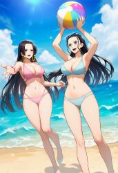 2girls ai_generated beach beach_ball big_breasts black-haired_female black_hair boa_hancock female female_only happy happy_female nico_robin one_piece robins9lives tagme