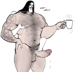 1boy balls ballsack bara bara_tiddies bara_tits bear_(body_type) beard beefy belly belly_hair biceps big_muscles big_penis body_hair bopehol bulky busty busty_male chest_hair chubby coffee_cup completely_nude cum cumdrip dad_bod dadbod daddy dilf english_text erection facial_hair gay goth_makeup grabbing_penis green_eyes hairy hairy_arms hairy_balls hairy_belly hairy_chest hairy_male hairy_stomach hairy_thighs hand_on_hip handjob holding_cup holding_object huge_cock huge_muscles huge_pecs light-skinned_male light_skin long_hair long_hair_male male male_breasts male_nipples male_only manly masculine_male masturbation mature mature_male moobs moustache muscle_worship musclegut muscles muscular muscular_male naked nipples nude nude_male original_character pale-skinned_male pale_skin pec_grab pecs pectorals penis pubic_hair skull_tattoo solo standing tattooed_arm tattoos testicles text thick_forearms thick_penis thick_thighs thunder_thighs white_background