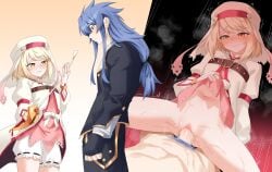 1boy 1girl absurdres alice_(tales) blonde_hair bloomers bloomers_(victorian) blue_eyes blue_hair blush bridal_gauntlets clothed_sex commission cowgirl_position female fingerless_gloves gloves hat heart height_difference highres holding holding_sword holding_weapon kukiyuusha lifting_own_clothes long_hair long_sidelocks long_sleeves looking_at_another nun_headdress official_alternate_costume penis pubic_hair puffy_sleeves pussy pussy_juice regal_bryant regal_bryant_(white_day) riding_crop sex short_hair sidelocks smile smirk straddling straight sword tales_of_(series) tales_of_symphonia tales_of_symphonia_knight_of_ratatosk vaginal_penetration weapon yellow_eyes