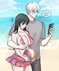 beach big_breasts blue_lock busty_female crack_pairing curvy_female femlock green_hair hair_between_eyes hand_on_breast hips itoshi_rin legs long_hair male/female nagi_seishiro nonchalant rule_63 white_hair