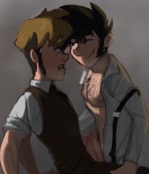 2boys artist_upload bicolored_hair black_hair blush brown_hair clothed evilevilevil frottage frotting gay half-closed_eyes jonathan_gabriel looking_at_another male male_only penis penny_arcade pleasure_face self_upload sitting smile smiling smiling_at_partner suspenders tycho_brahe unbuttoned_shirt vest