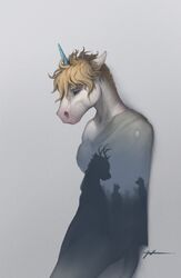 2018 animal_genitalia animal_penis anthro blonde_hair blue_eyes ciel_(cinderfrost) cinderfrost clothed clothing depression equine eyebrows fur hair hi_res horn horse male male_only mammal penis solo unicorn wiredhooves