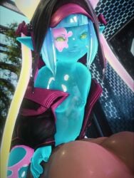 blue_body blue_skin elf_ears final_fantasy_xiv final_fantasyxiv gpose(ffxiv) jacket_only jacket_open lalafell slime_girl small_breasts smirk sugar_riot sugarriot tiny_breasts