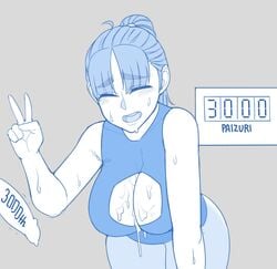 1boy 1girls :d after_paizuri ahoge bangs bare_arms bare_shoulders blue blush breasts cleavage_cutout commentary cum cum_on_body cum_on_breasts cum_on_upper_body cumdrip ekz eyebrows_visible_through_hair facing_viewer female follower_celebration grey_background hand_up highres large_breasts milestone_celebration monochrome open_mouth original pants parted_bangs penis ponytail shirt simple_background sleeveless sleeveless_shirt smile solo sweat thick_eyebrows v