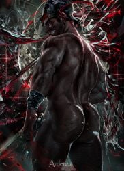 1boy ardenzia ass back back_muscles back_view bara bara_ass beard big_ass black_hair body_hair bubble_ass bubble_butt epic_the_musical facial_hair glowing_eyes glowing_red_eyes grin grinning_at_viewer hairy hairy_arms hairy_ass hairy_back hairy_hands hairy_male hairy_shoulders hairy_thighs helmet helmet_only holding_sword holding_weapon human human_only looking_at_viewer looking_back male male_focus male_only manly masculine_male muscles muscular muscular_ass muscular_back muscular_male muscular_thighs naked nude nude_male polites presenting presenting_ass presenting_butt red_eyes solo solo_focus solo_male standing sword thick_ass thick_eyebrows thick_thighs