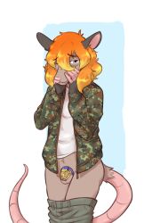 american_opossum anthro balls blonde_hair bottomwear bottomwear_down camo chastity_device clothed clothing embarrassed emynsfw06 female_symbol flecktarn gender_symbol genitals gynomorph hair hi_res intersex mammal marsupial pants pants_down partially_clothed presenting smott solo standing symbol